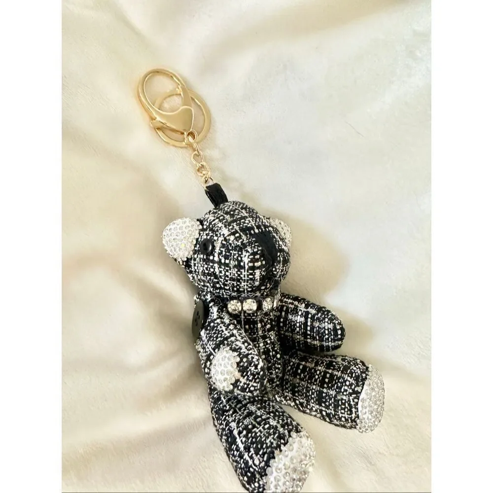 Glamorous tweed black and white plush teddy bear with rhinestone detail